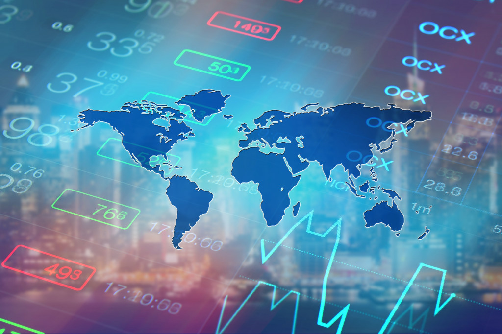 World global economy, financial concept. Abstract business collage: stock market chart, financial data and world map. Global business, economy, finance, investment abstract background.