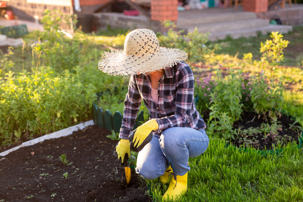 A homeowner performing gardening