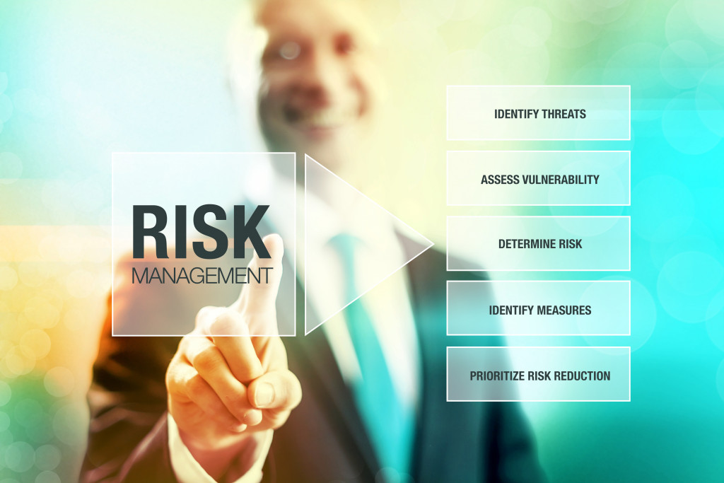 Businessman pressing a RISK MANAGEMENT arrow button pointing to related terms