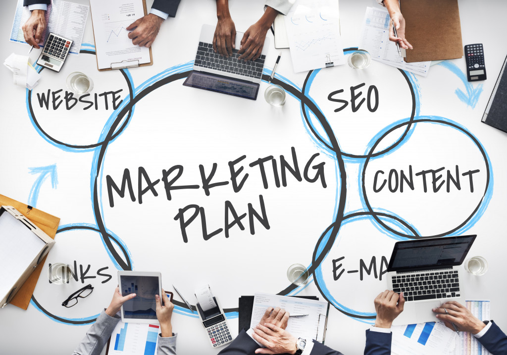 Marketing plan diagram showing its different components, including content, email, website, SEO, and links.