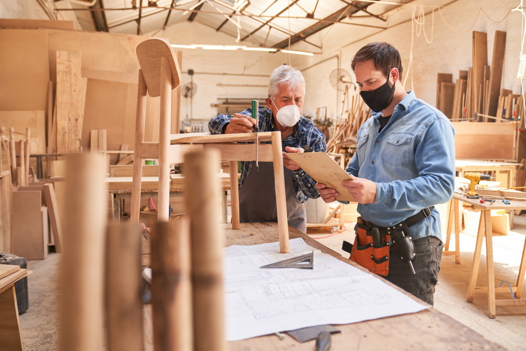 woodworkers in the garage working