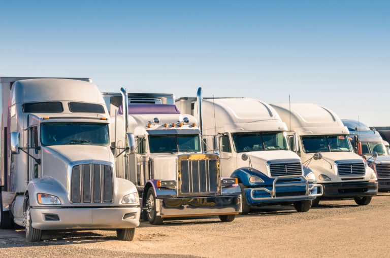 A row of semi-trucks in a parking lot